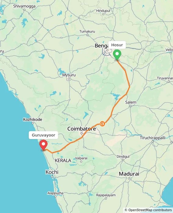 Route map showing distance and travel time from Hosur, India to Guruvayoor, India