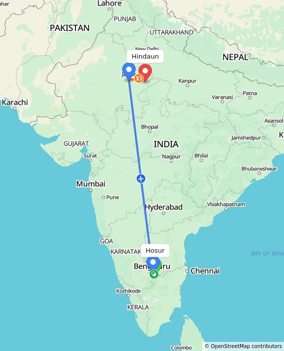Route map showing distance and travel time from Hosur, India to Hindaun, India