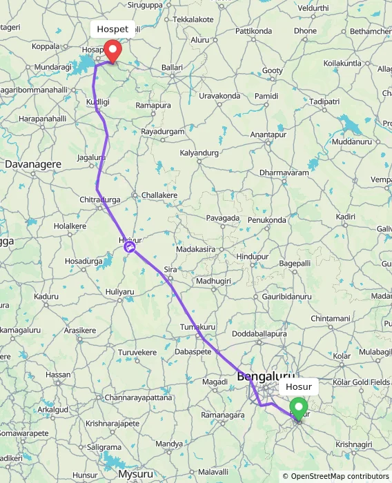 Route map showing distance and travel time from Hosur, India to Hospet, India