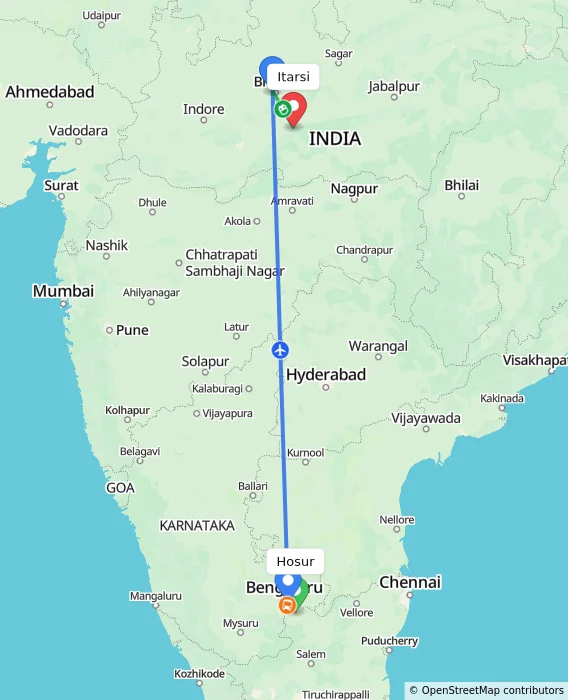 Route map showing distance and travel time from Hosur, India to Itarsi, India