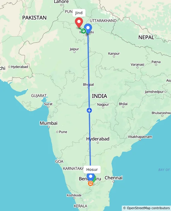 Route map showing distance and travel time from Hosur, India to Jind, India