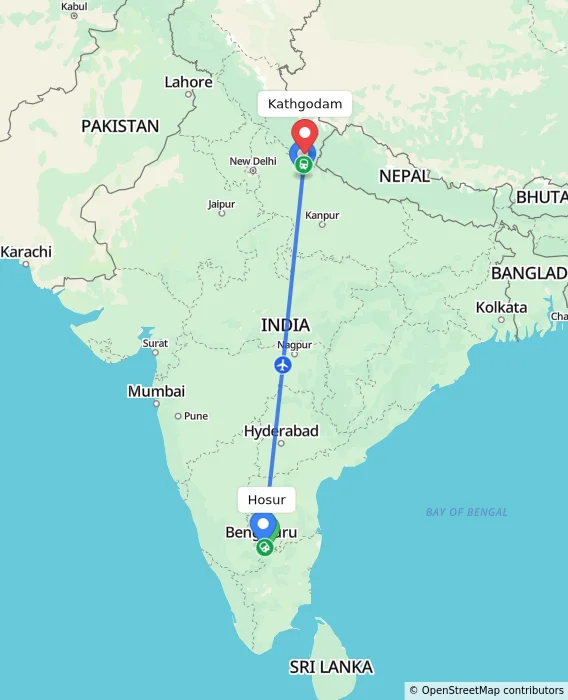 Route map showing distance and travel time from Hosur, India to Kathgodam, India