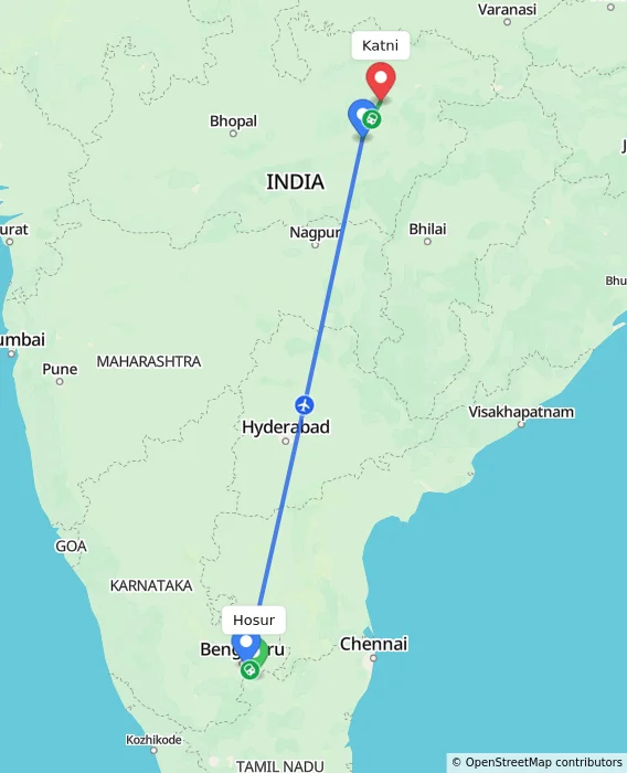 Route map showing distance and travel time from Hosur, India to Katni, India