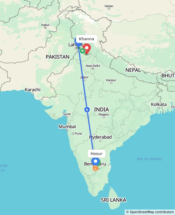 Route map showing distance and travel time from Hosur, India to Khanna, India