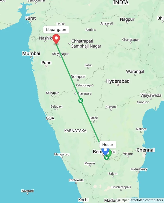 Route map showing distance and travel time from Hosur, India to Kopargaon, India