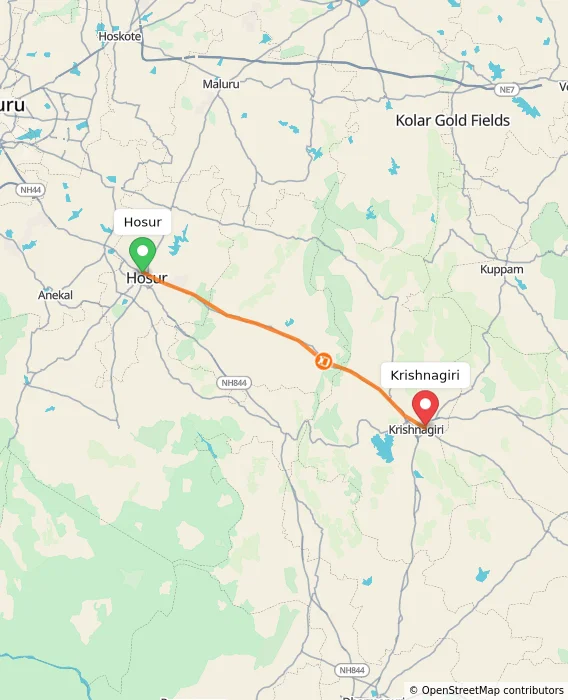 Route map showing distance and travel time from Hosur, India to Krishnagiri, India