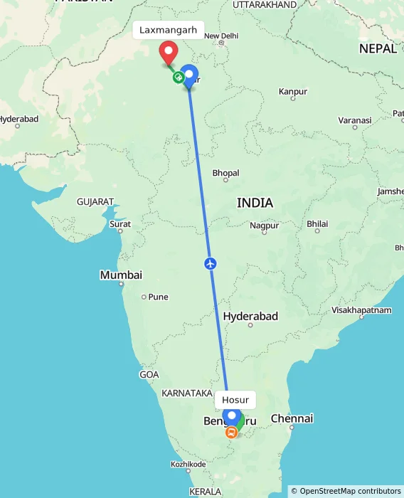 Route map showing distance and travel time from Hosur, India to Laxmangarh, India