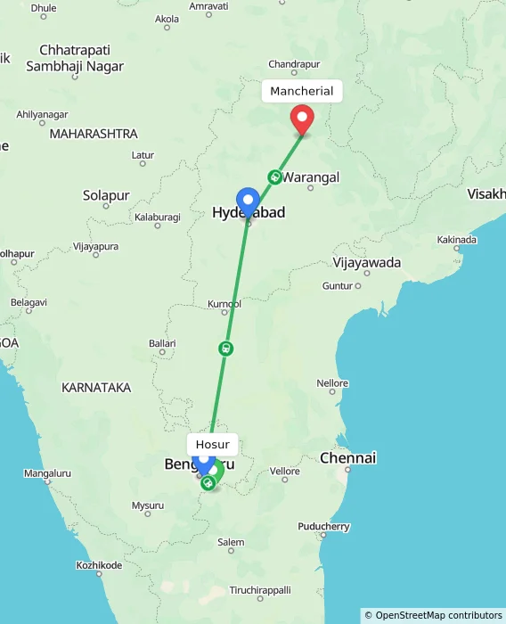 Route map showing distance and travel time from Hosur, India to Mancherial, India