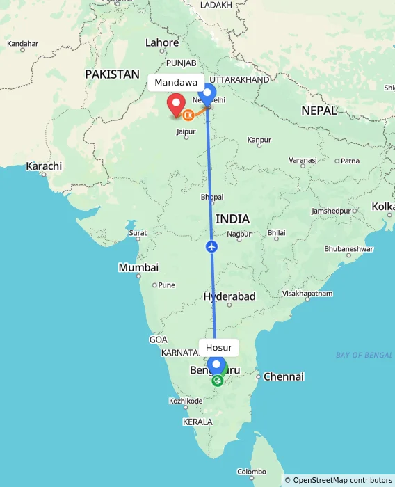 Route map showing distance and travel time from Hosur, India to Mandawa, India