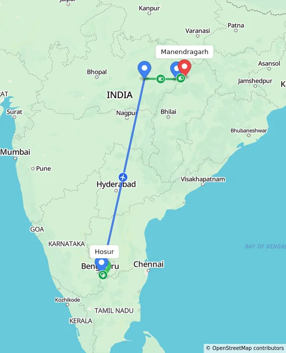 Route map showing distance and travel time from Hosur, India to Manendragarh, India