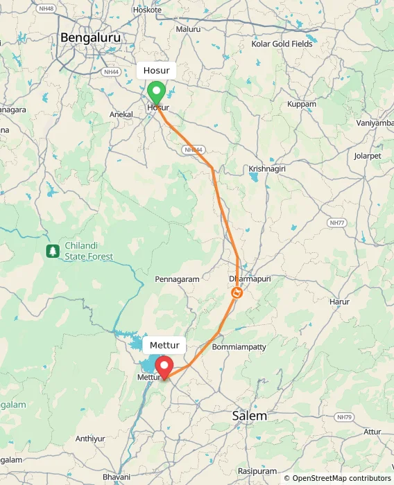 Route map showing distance and travel time from Hosur, India to Mettur, India