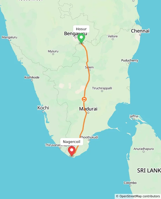 Route map showing distance and travel time from Hosur, India to Nagercoil, India