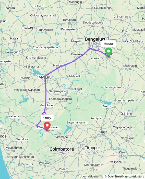 Route map showing distance and travel time from Hosur, India to Ooty, India