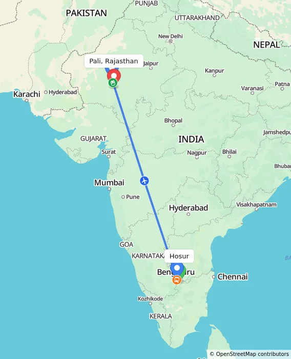 Route map showing distance and travel time from Hosur, India to Pali, Rajasthan, India