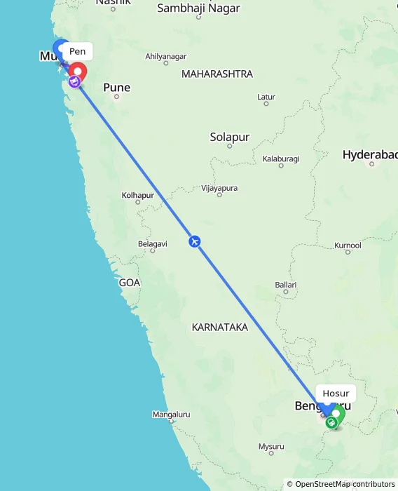 Route map showing distance and travel time from Hosur, India to Pen, India