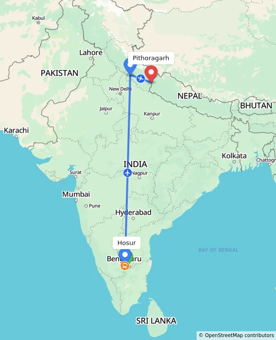Route map showing distance and travel time from Hosur, India to Pithoragarh, India