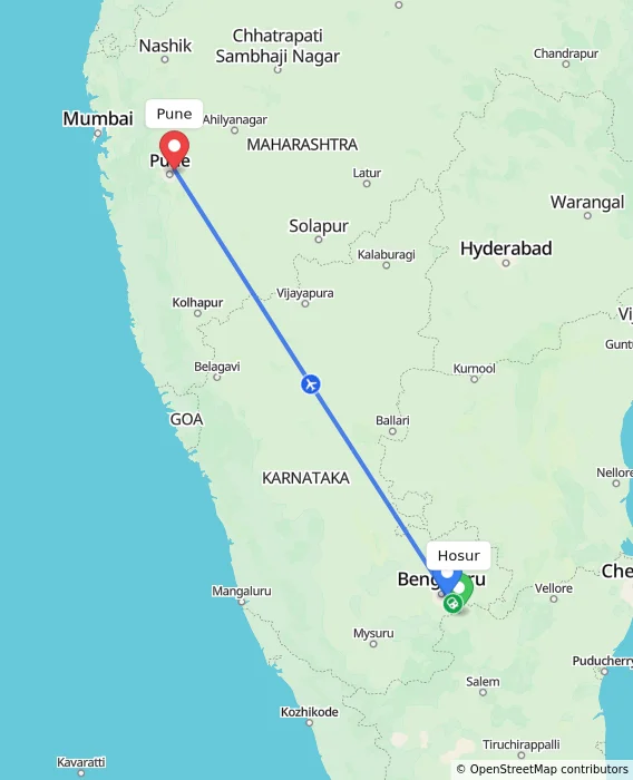 Route map showing distance and travel time from Hosur, India to Pune, India