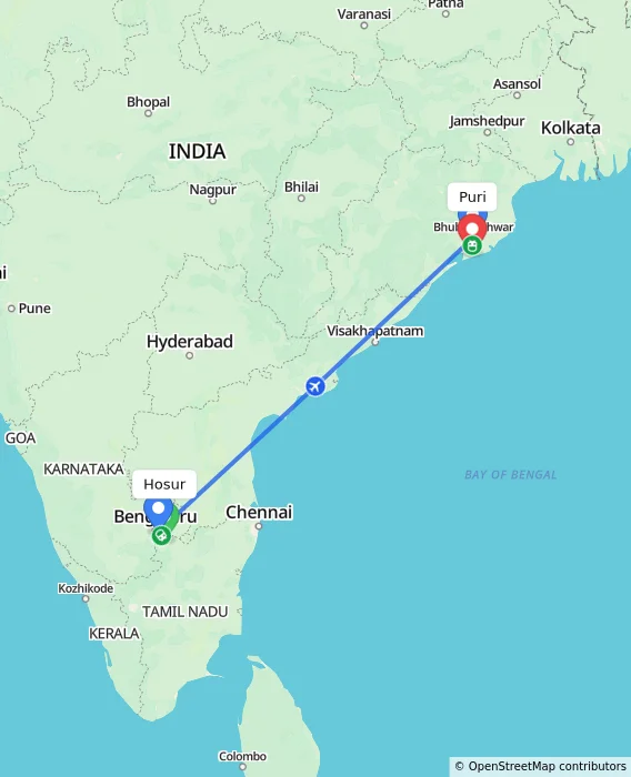 Route map showing distance and travel time from Hosur, India to Puri, India