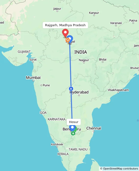 Route map showing distance and travel time from Hosur, India to Rajgarh, Madhya Pradesh, India