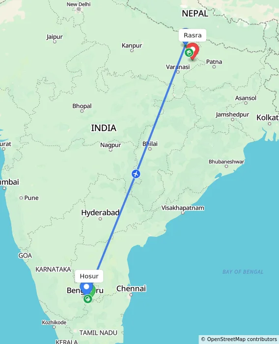 Route map showing distance and travel time from Hosur, India to Rasra, India