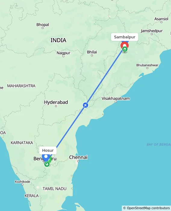 Route map showing distance and travel time from Hosur, India to Sambalpur, India