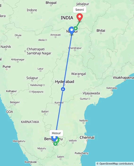 Route map showing distance and travel time from Hosur, India to Seoni, India