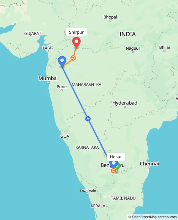 Route map showing distance and travel time from Hosur, India to Shirpur, India
