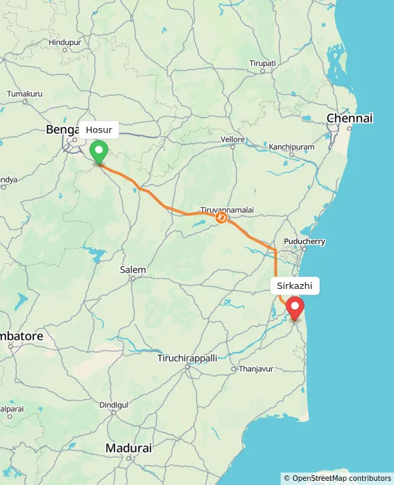 Route map showing distance and travel time from Hosur, India to Sirkazhi, India