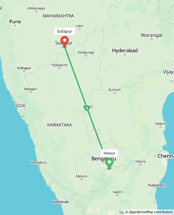 Route map showing distance and travel time from Hosur, India to Solapur, India