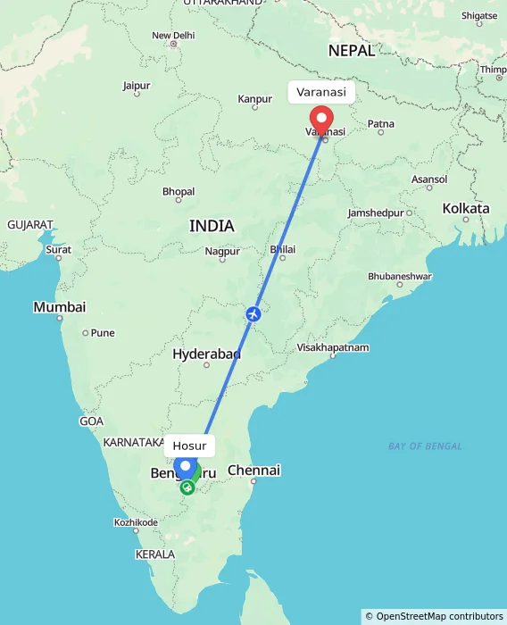 Route map showing distance and travel time from Hosur, India to Varanasi, India