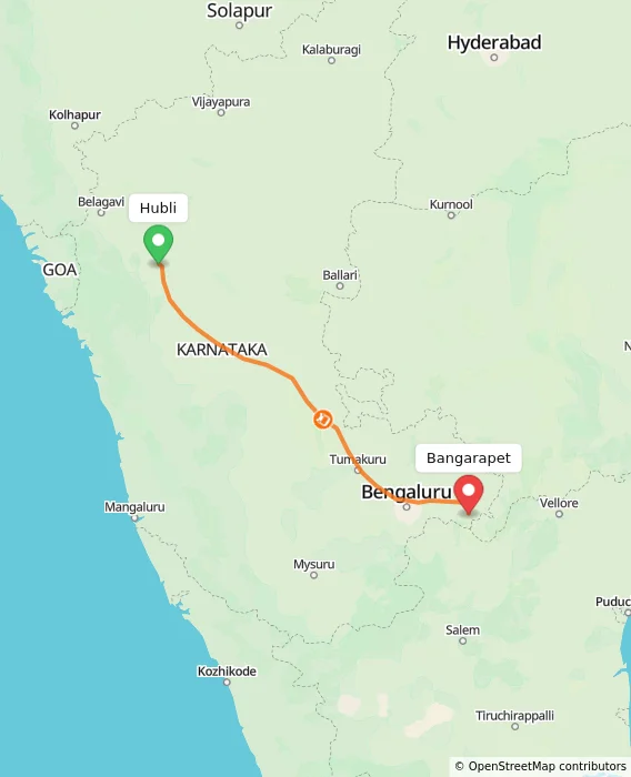 Route map showing distance and travel time from Hubli, India to Bangarapet, India
