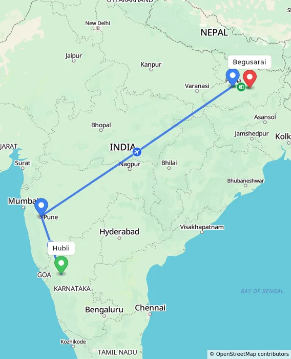 Route map showing distance and travel time from Hubli, India to Begusarai, India