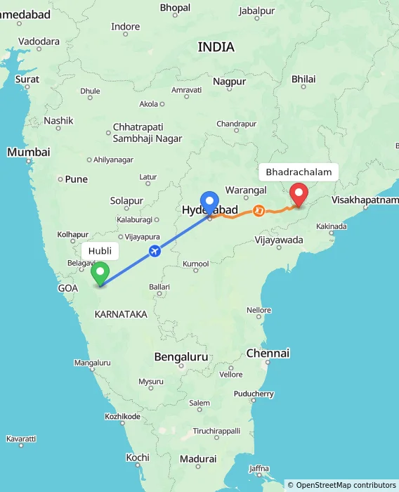 Route map showing distance and travel time from Hubli, India to Bhadrachalam, India
