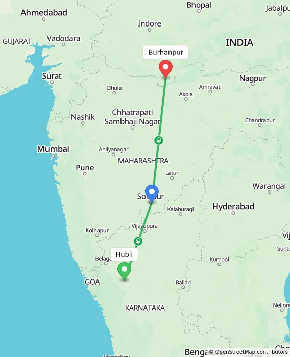 Route map showing distance and travel time from Hubli, India to Burhanpur, India