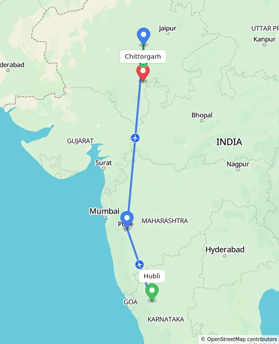 Route map showing distance and travel time from Hubli, India to Chittorgarh, India