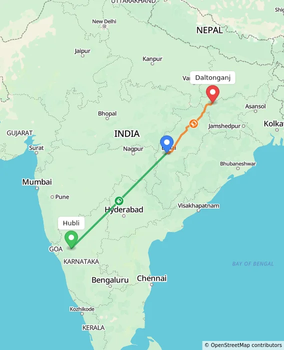Route map showing distance and travel time from Hubli, India to Daltonganj, India