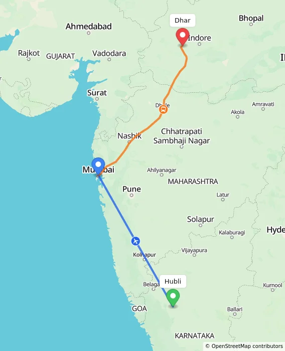 Route map showing distance and travel time from Hubli, India to Dhar, India