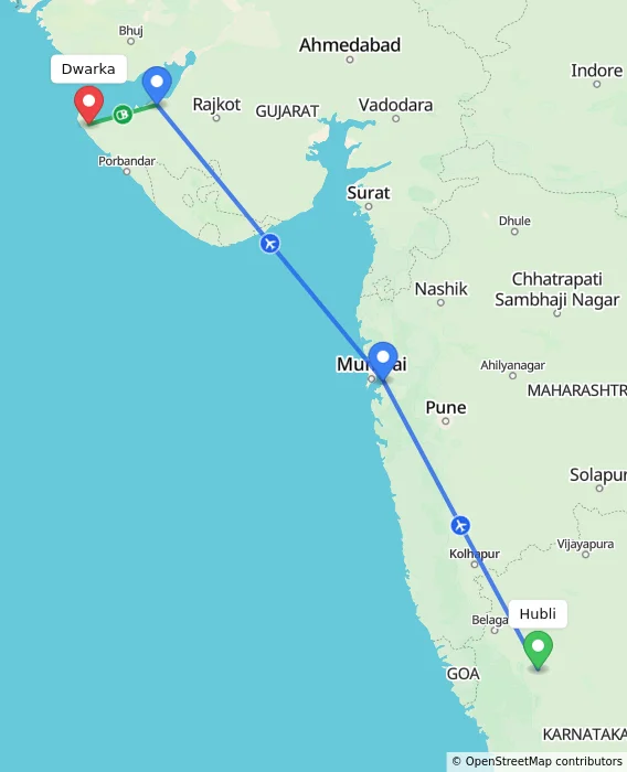 Route map showing distance and travel time from Hubli, India to Dwarka, India