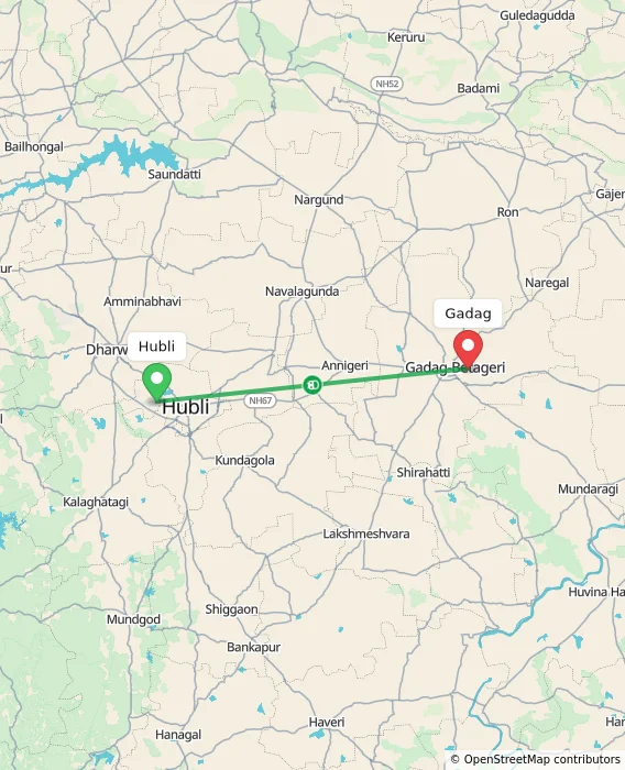 Route map showing distance and travel time from Hubli, India to Gadag, India