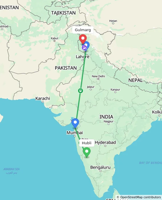 Route map showing distance and travel time from Hubli, India to Gulmarg, India