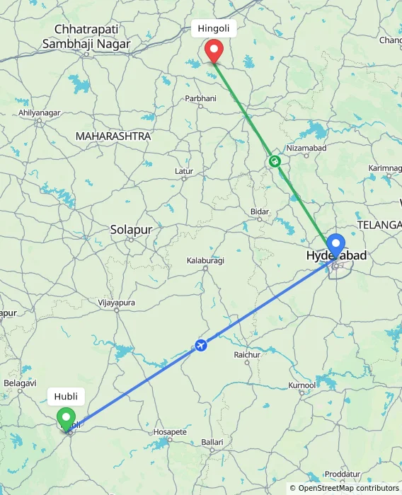 Route map showing distance and travel time from Hubli, India to Hingoli, India