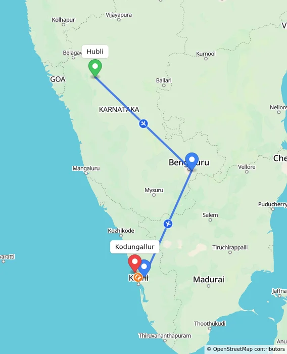 Route map showing distance and travel time from Hubli, India to Kodungallur, India