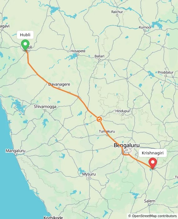 Route map showing distance and travel time from Hubli, India to Krishnagiri, India
