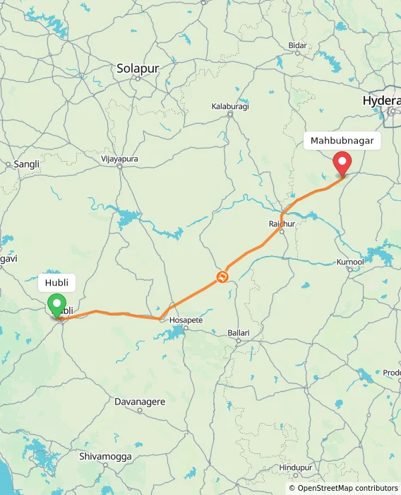 Route map showing distance and travel time from Hubli, India to Mahbubnagar, India