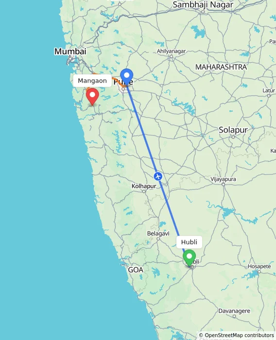 Route map showing distance and travel time from Hubli, India to Mangaon, India