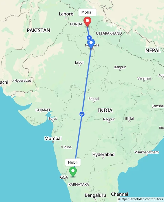 Route map showing distance and travel time from Hubli, India to Mohali, India