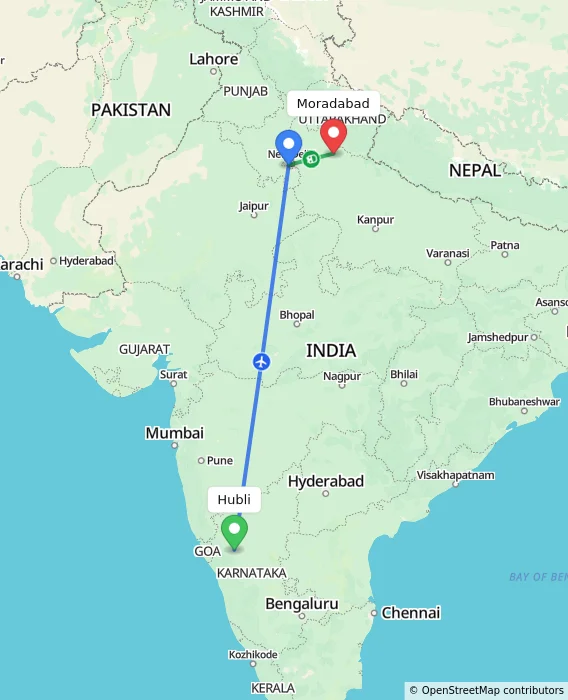 Route map showing distance and travel time from Hubli, India to Moradabad, India