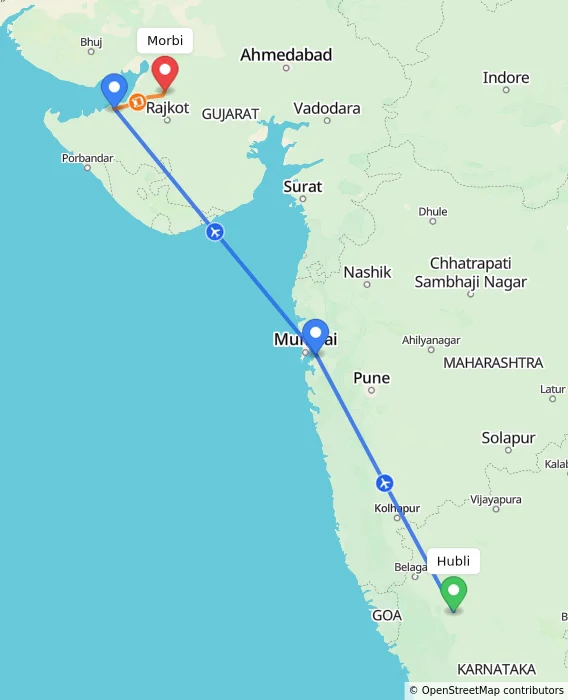 Route map showing distance and travel time from Hubli, India to Morbi, India