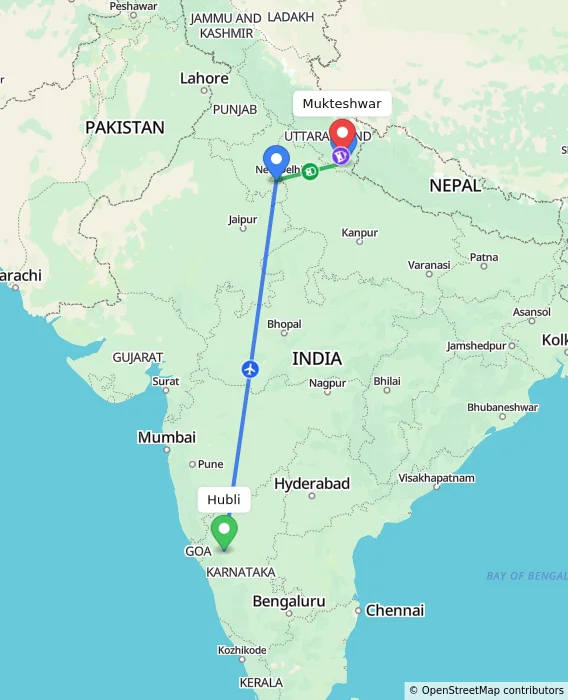 Route map showing distance and travel time from Hubli, India to Mukteshwar, India