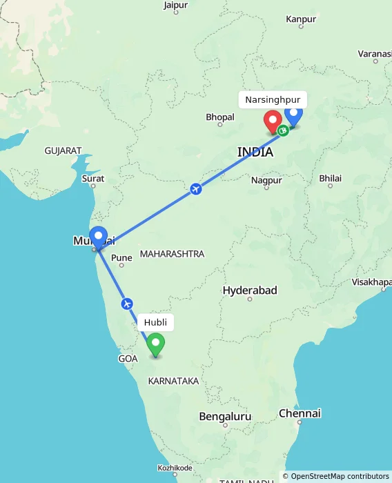 Route map showing distance and travel time from Hubli, India to Narsinghpur, India